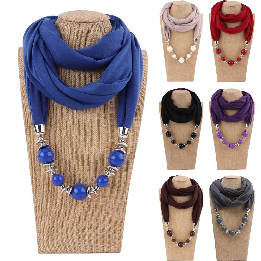 Infinity Scarf Knit - ผ้าพันคอชีฟองแฟชั่น สีพื้น ประดับลูกปัด ผ้าพันคออินฟินิตี้ สไตล์ชาติพันธุ์ วินเทจ