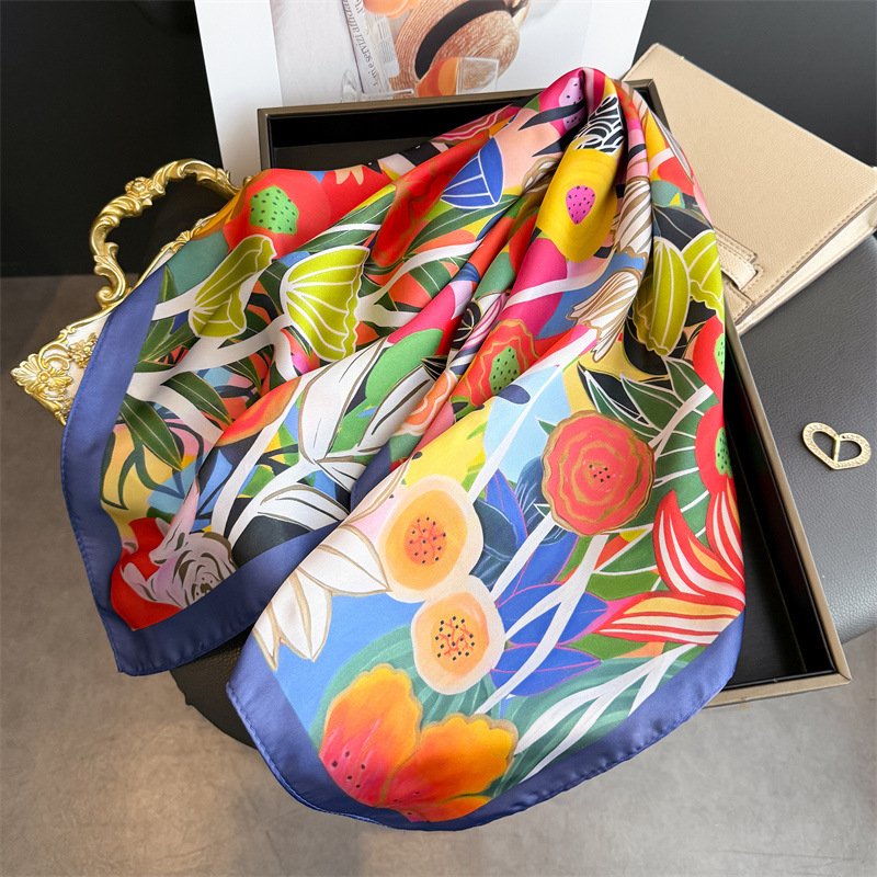 Scarf Silk Square - ผ้าพันคอพิมพ์ลายดอกไม้ใหม่ปี 2026 สำหรับผู้หญิง ผ้าพันคอไหมเทียม ผ้าคลุมไหล่ชายหาดสุดหรู ผ้าพันคอ